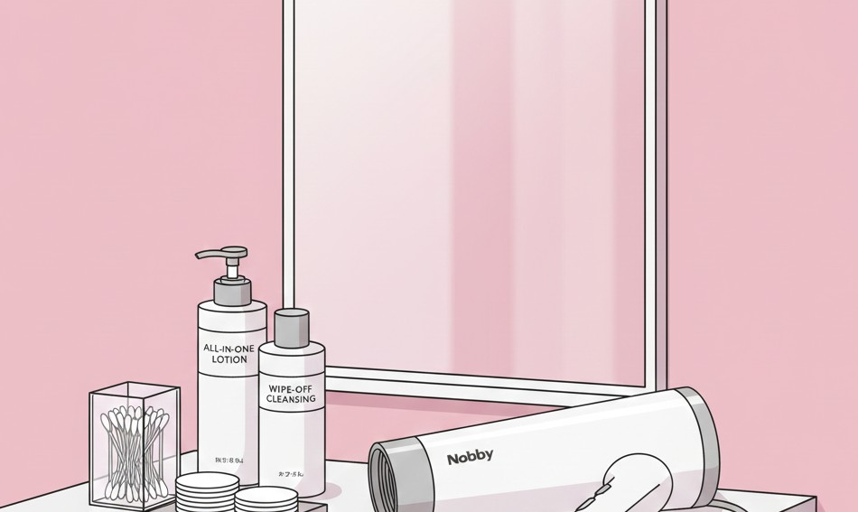 Nobbyのドライヤー、オールインワン化粧水、拭き取りクレンジング、綿が鏡の前に置いてあるところ。