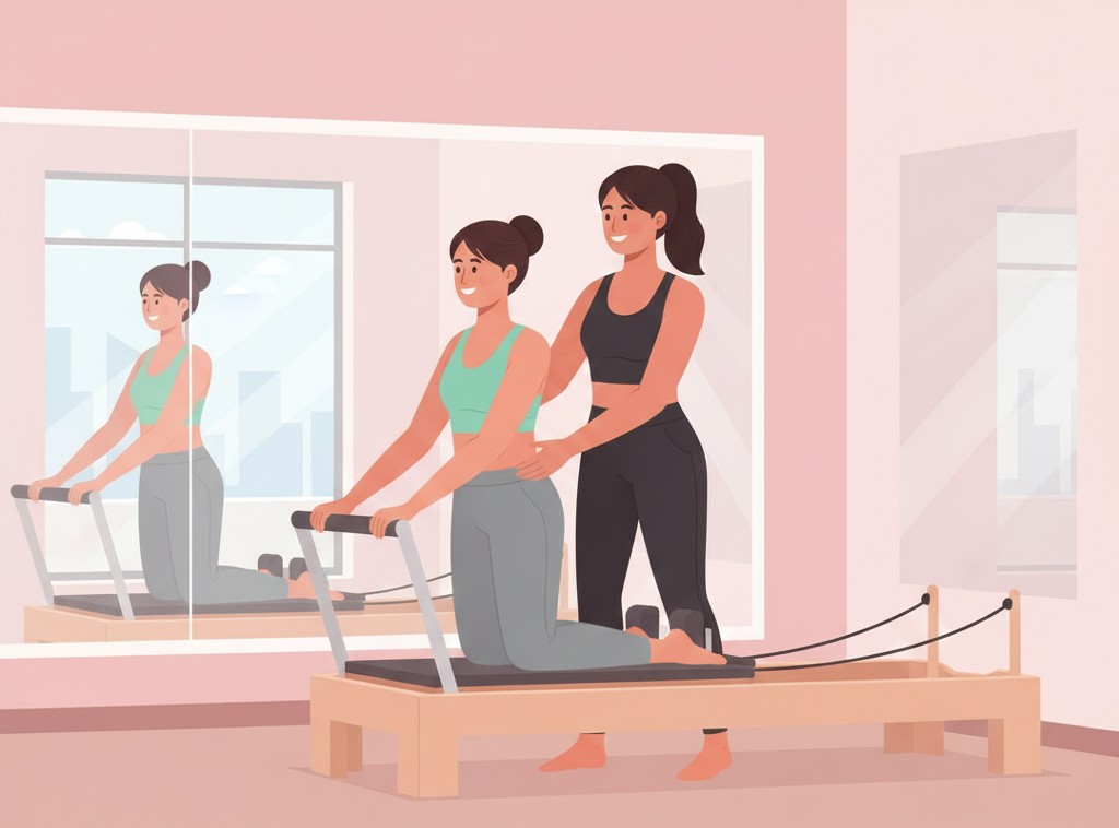 マシンピラティスのレッスンで指導するインストラクターと女性参加者
