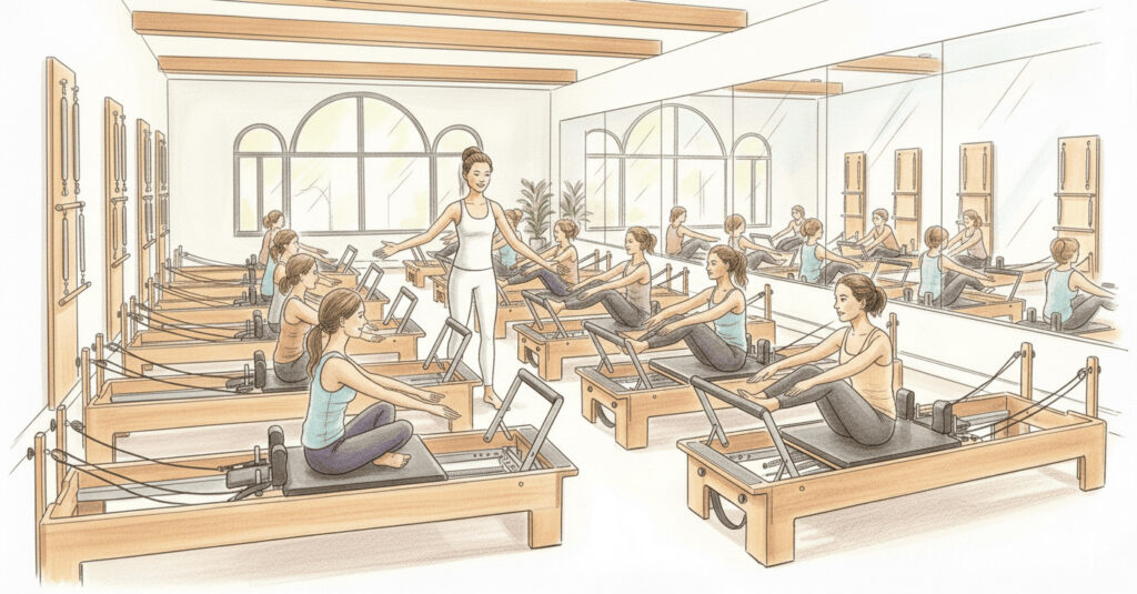 マシンピラティスのレッスン中