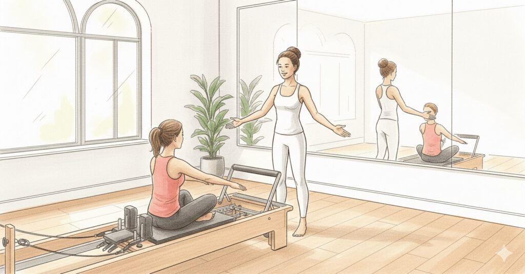 マシンとマット、2つのピラティスの違いは?はじめてでも迷わない選び方ガイド マシンピラティスのレッスンをするインストラクターとレッスン生