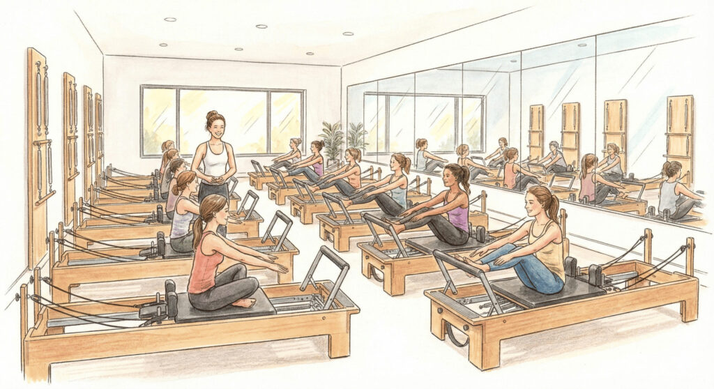 マシンとマット、2つのピラティスの違いは?はじめてでも迷わない選び方ガイド レッスン生の前でポーズの説明をするインストラクター