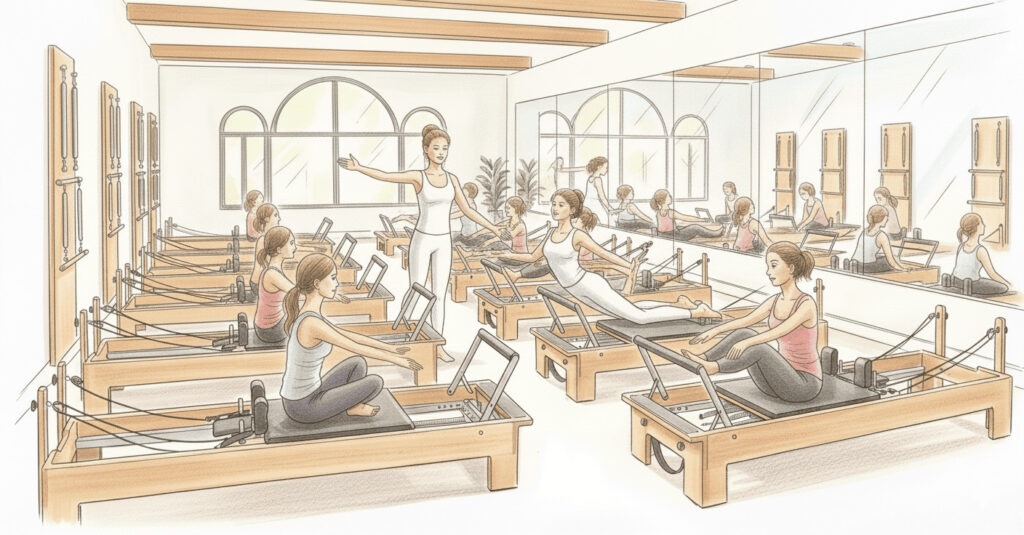 レッスン生の前でポーズの説明をするインストラクター