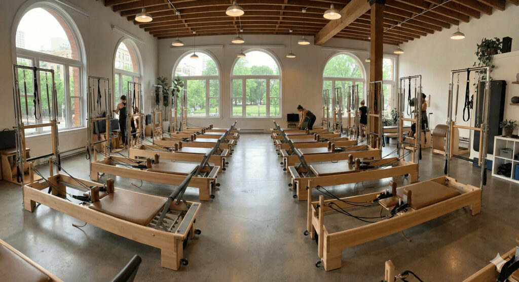 マシンとマット、2つのピラティスの違いは?はじめてでも迷わない選び方ガイド ずらりと並んだマシンピラティスのリフォーマー