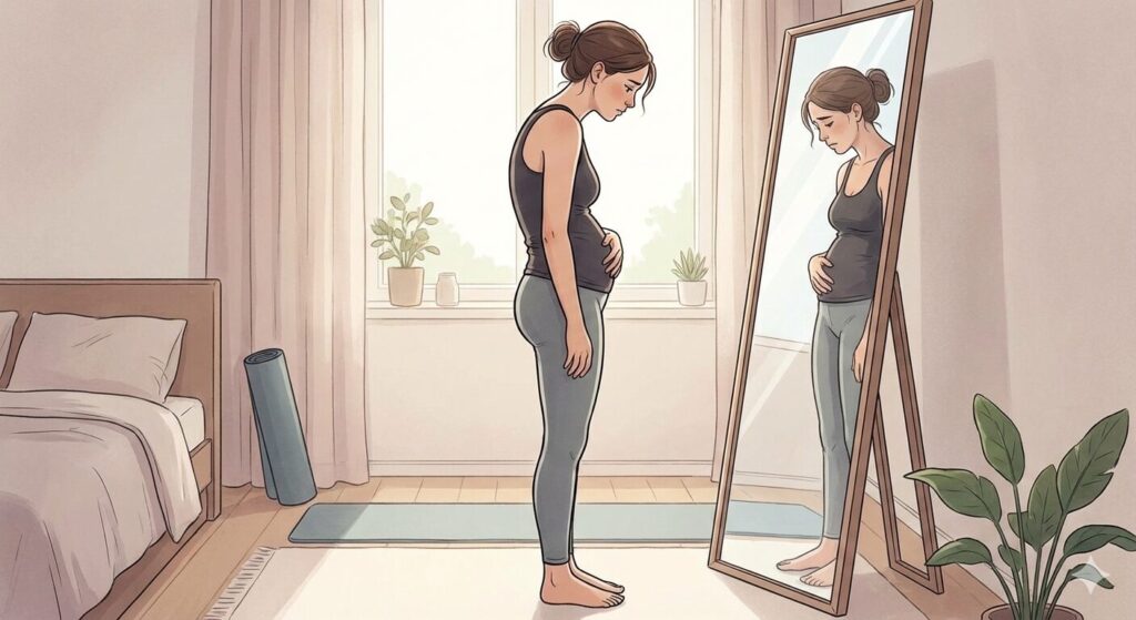猫背で下腹ぽっこりの自身の姿を鏡で見て落胆する女性