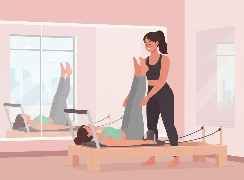 マシンピラティスのレッスンで指導するインストラクターと女性参加者