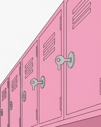 ピンク色のロッカーが並んでいる。