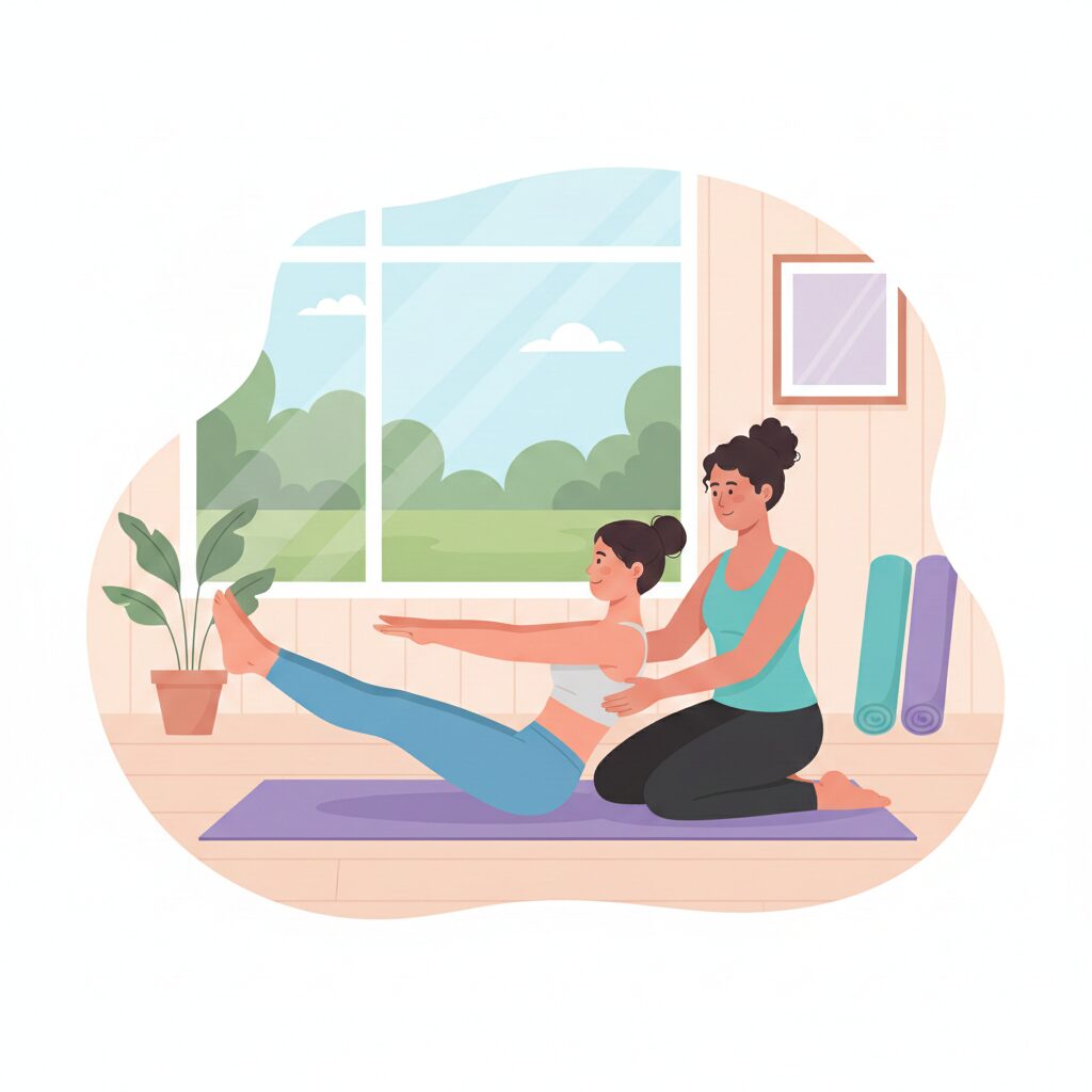 マシンとマット、2つのピラティスの違いは?はじめてでも迷わない選び方ガイド マットピラティスを行っている女性と女性インストラクター