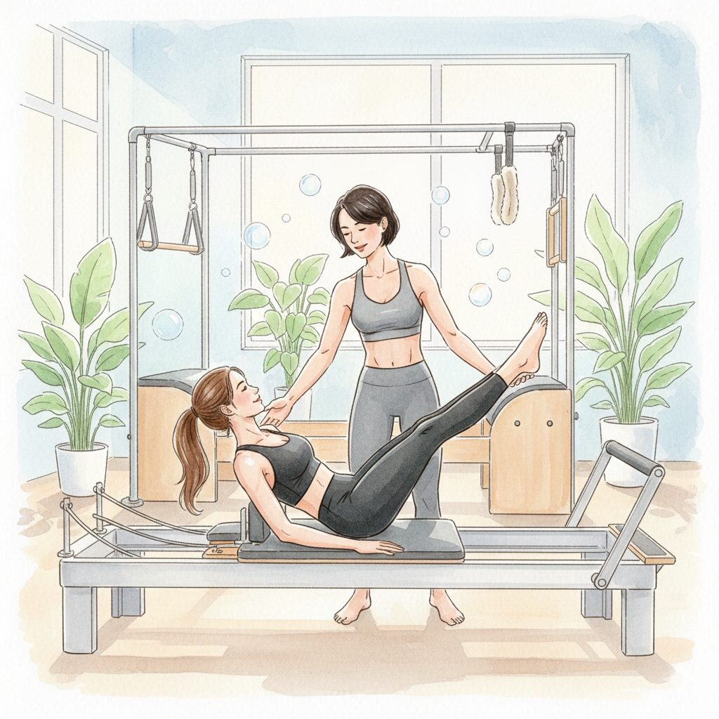 マシンピラティスのレッスンを受けている女性とインストラクター