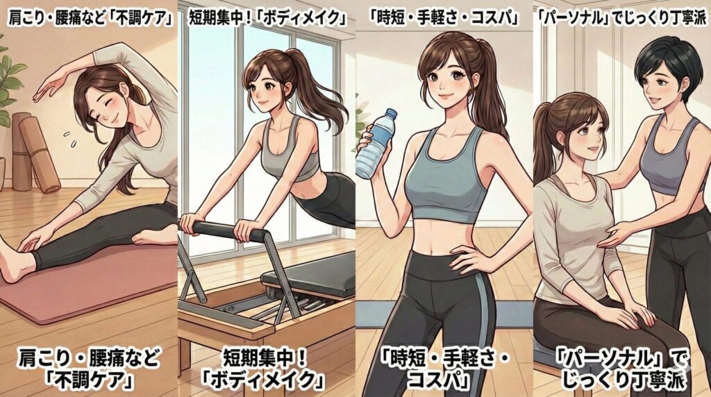 目的別で選ぶ！広尾でイチオシのスタジオ　肩こり・腰痛など「不調ケア」、短期集中！「ボディメイク」、「時短・手軽さ・コスパ」、「パーソナル」でじっくり丁寧派。