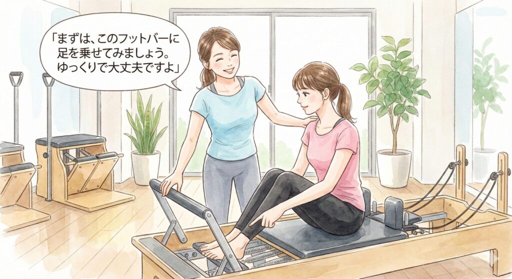 リフォーマーの使い方を優しく説明するインストラクター