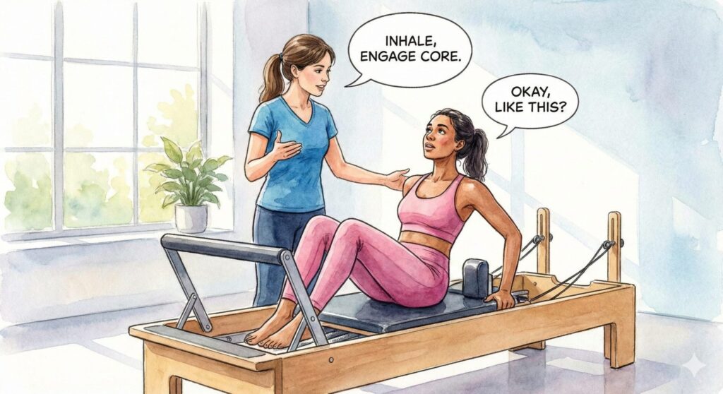 英語でマシンピラティスのレッスンをしている受講生とインストラクター