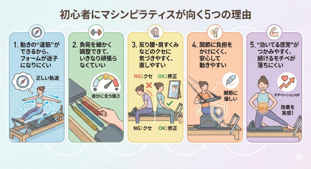 【意外】マシンピラティスは初心者におすすめ|続く5つの理由 初心者にマシンピラティスが向く5つの理由