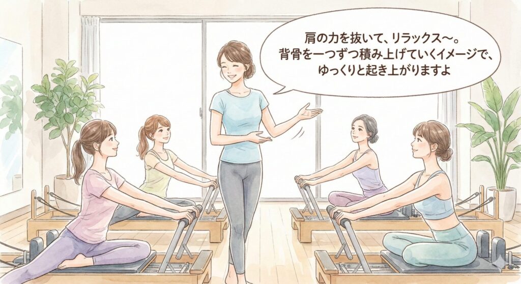 マシンピラティスのレッスン中、初心者に配慮して優しく嚙み砕いて動きを説明するインストラクター