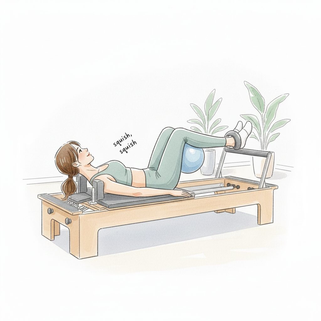 マシンピラティスのマシンに仰向けに横たわって、ボールを脚の間にはさんで、キュッキュッとつぶしていく動きをしているところ