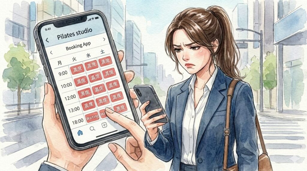 【週1でも変わった】マシンピラティスの変化|姿勢・お腹・疲れやすさが“じわじわ上向く”体験記 マシンピラティスの予約がアプリ上で埋まっていて不満げな女性