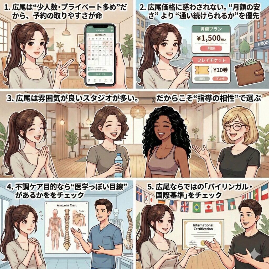 広尾でマシンピラティスを選ぶ5つのコツ　　1. 広尾は“少人数・プライベート多め”だから、予約の取りやすさが命　　2. 広尾価格に惑わされない。“月額の安さ”より“通い続けられるか”を優先　3. 広尾は雰囲気が良いスタジオが多い。だからこそ“指導の相性”で選ぶ　　4. 不調ケア目的なら“医学っぽい目線”があるかをチェック　5. 広尾ならではの「バイリンガル・国際基準」をチェック