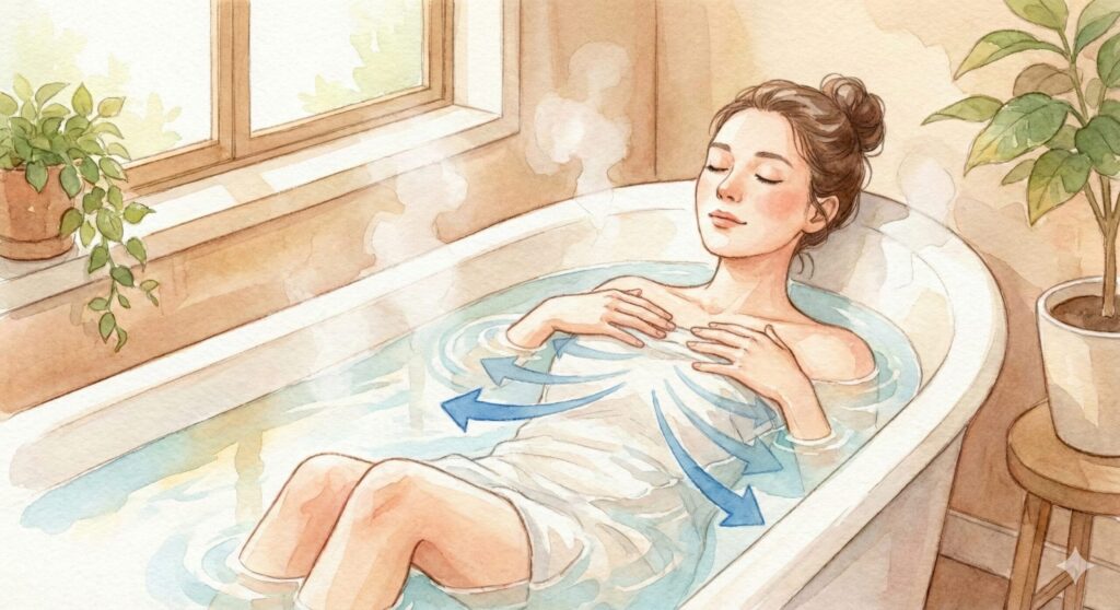 お風呂につかりながらラテラル呼吸の練習をしている女性