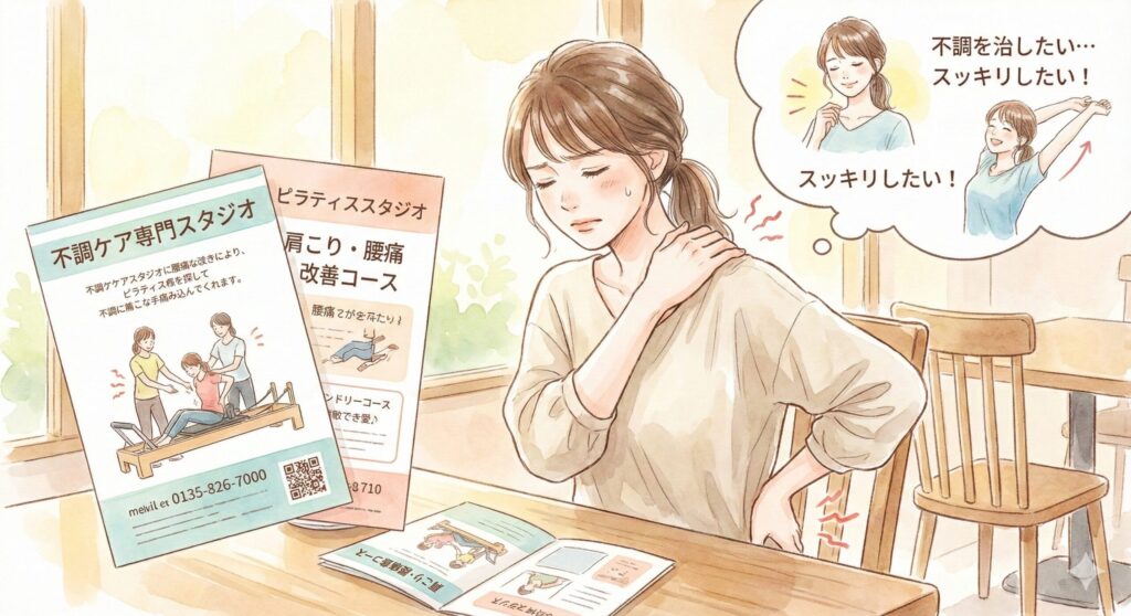 マシンピラティスを選ぶ際に肩こりや腰痛、疲れといった不調ケア重視してスタジオを決める女性