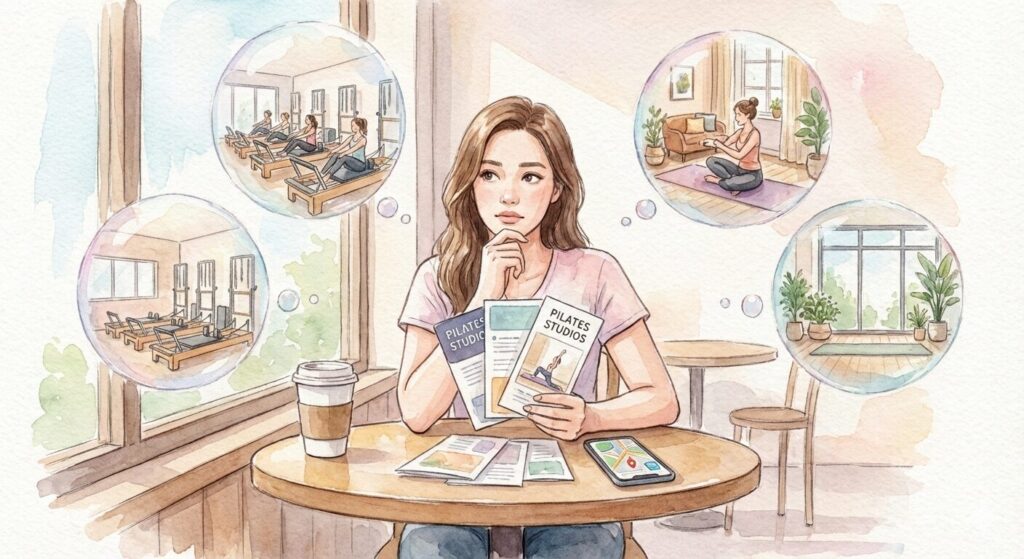 どこのピラティススタジオに通うか悩んでいる女性