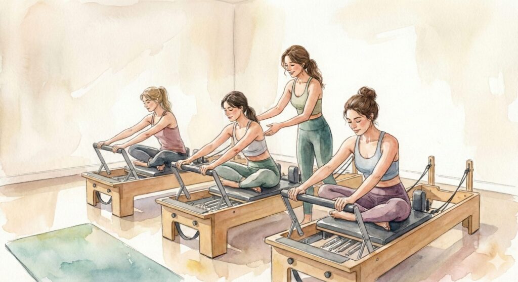 【体験レポ】ララメロウピラティスの口コミは本当?3つの魅力とリアルな変化 マシンピラティスのグループレッスン中