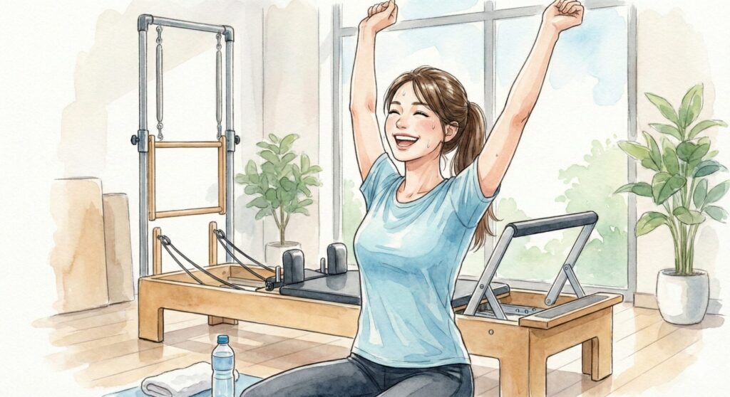 【週1でも変わった】マシンピラティスの変化|姿勢・お腹・疲れやすさが“じわじわ上向く”体験記 マシンピラティスのレッスン後に爽快感を感じている女性