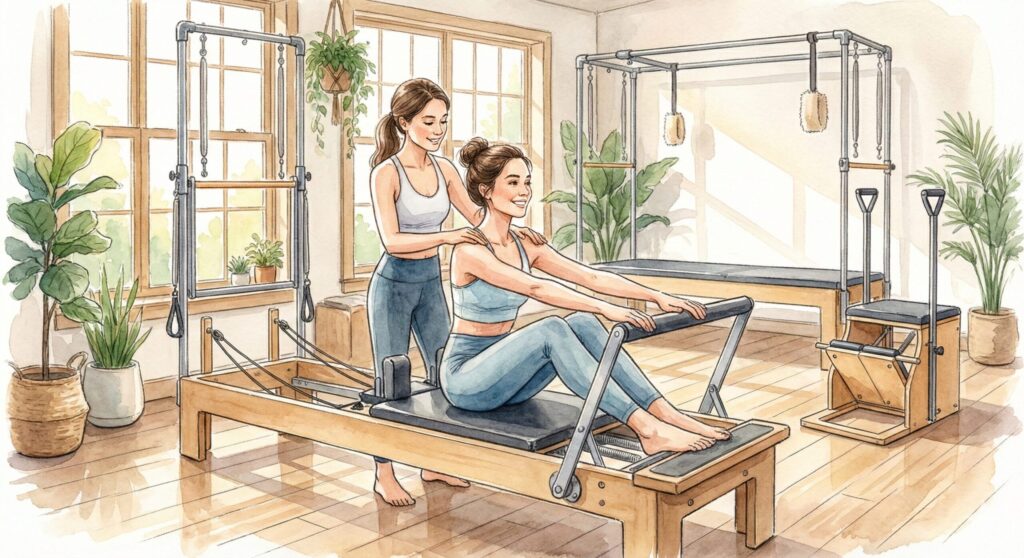 パーソナルのマシンピラティスレッスンを受けている女性とインストラクター