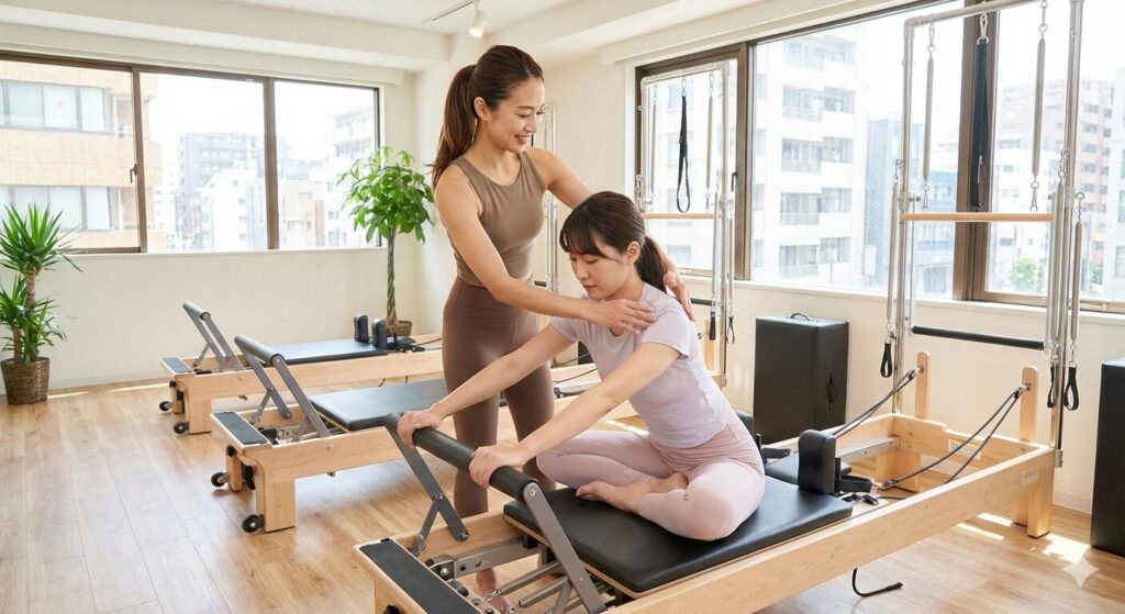 マシンビラティスのレッスンを受けている美人の日本人女性インストラクターと日本人女性