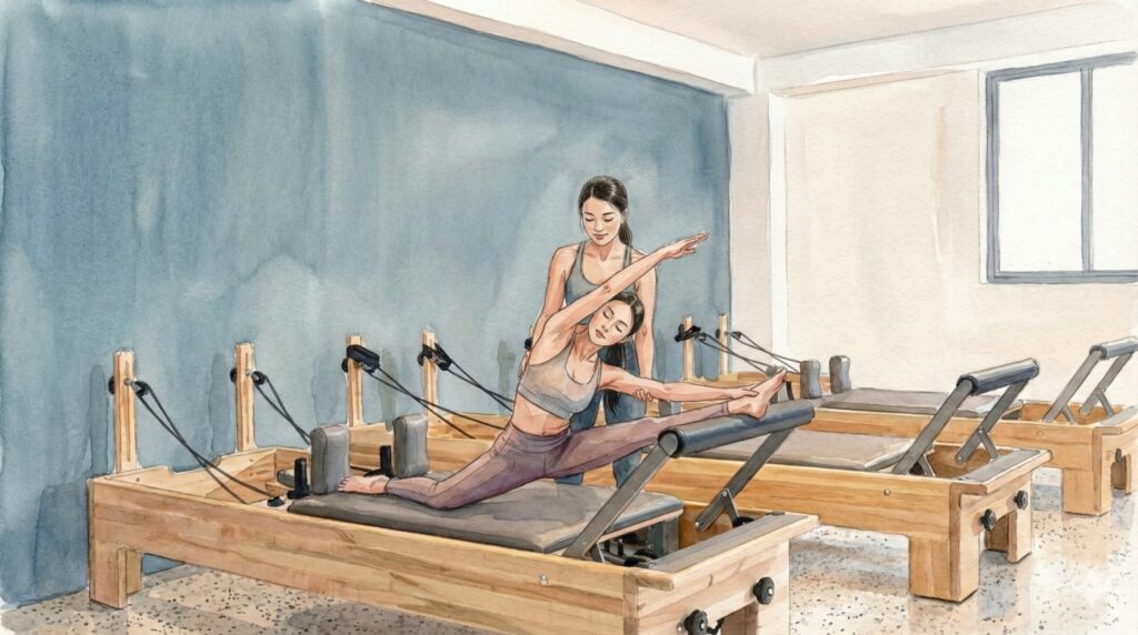 【体験レポ】ララメロウピラティスの口コミは本当?3つの魅力とリアルな変化 マンツーマンレッスンでマシンピラティスのレッスン中