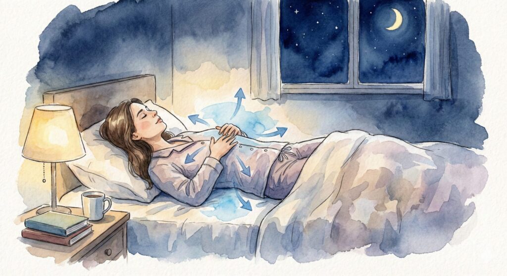 夜、ベッドでラテラル呼吸をしている女性