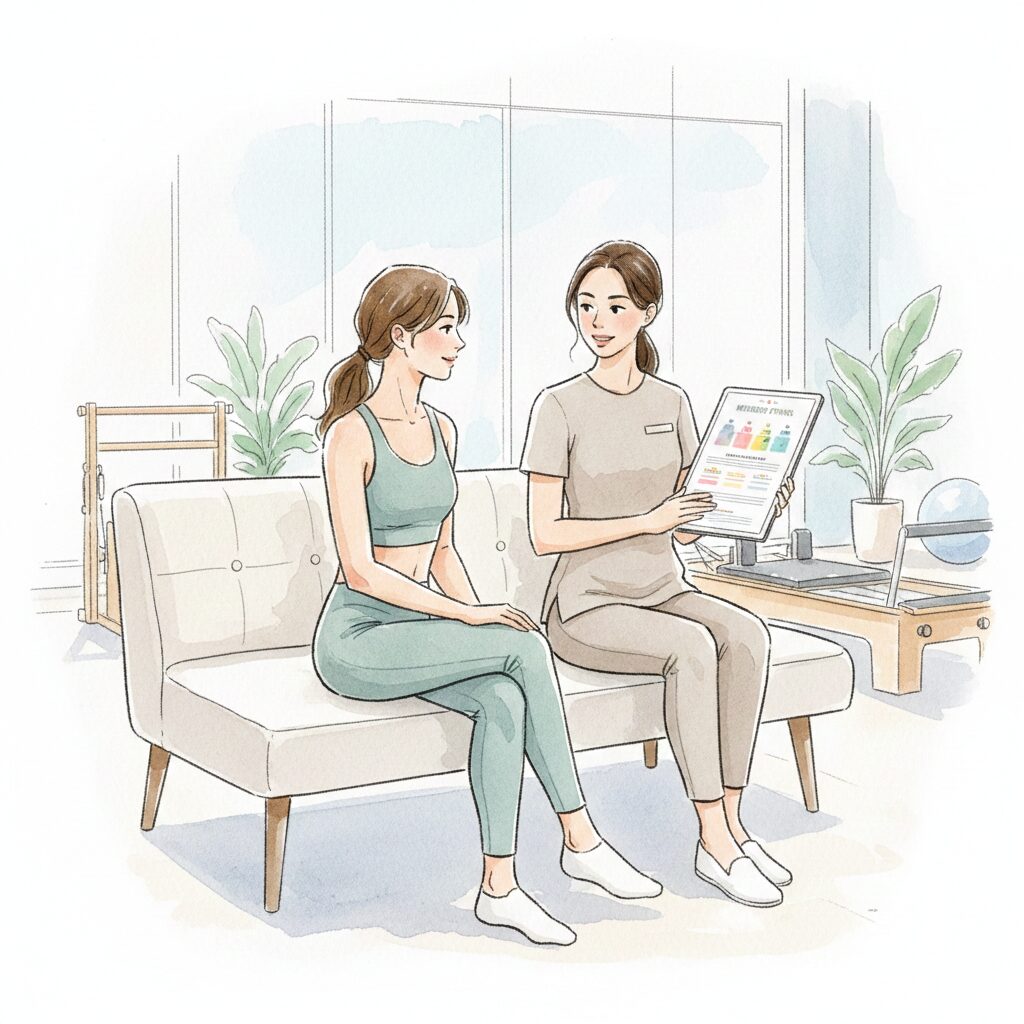 ピラティスのレッスン後、オフホワイトの背もたれ無しのソファに座り女性スタッフから入会案内や料金プランの説明を受けているところ