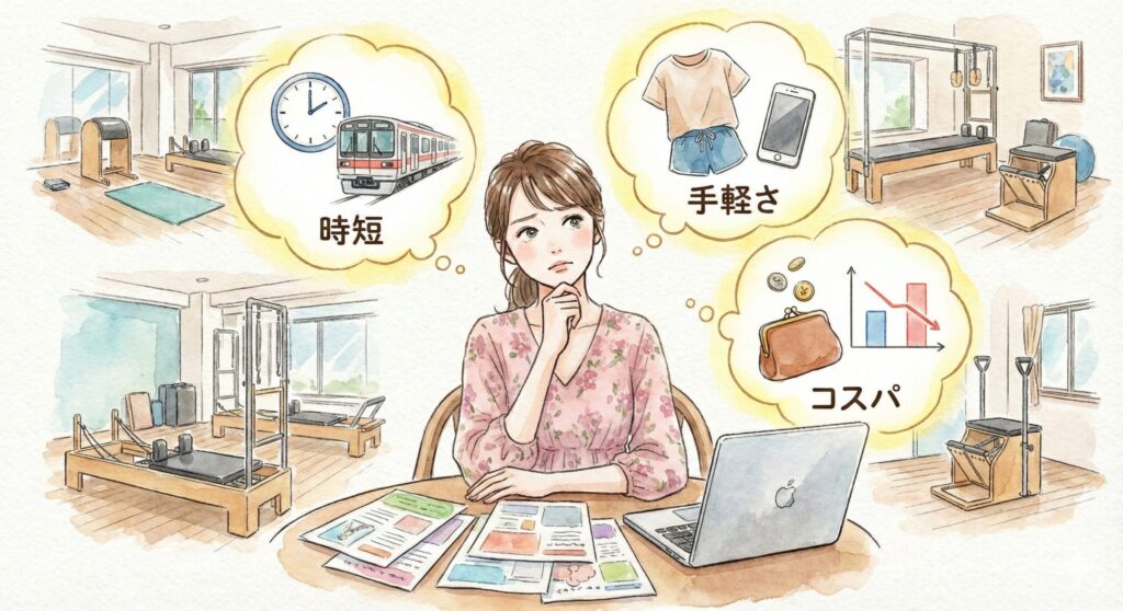 マシンピラティススタジオをのパンフレットを見比べながら検討している時短・手軽さ・コスパ重視の女性