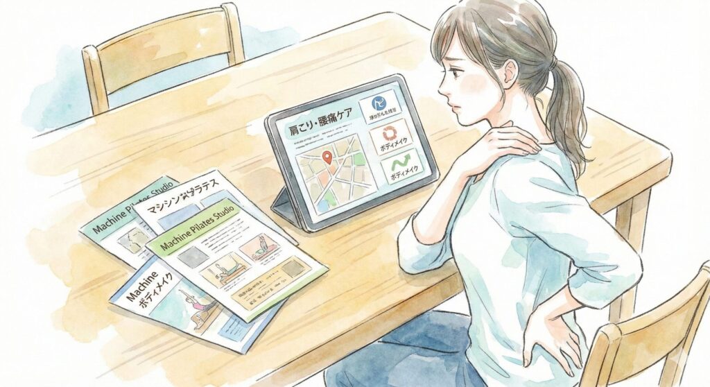 マシンピラティススタジオをのパンフレットを見比べながら検討している肩こりに悩んでいる女性