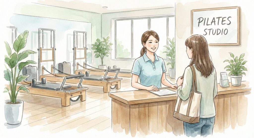【意外】マシンピラティスは初心者におすすめ|続く5つの理由 マシンピラティススタジオで受付している女性とスタッフ