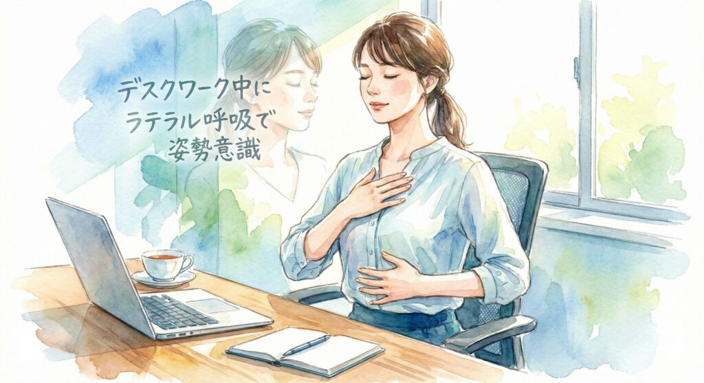 デスクワーク中にラテラル呼吸をしている女性