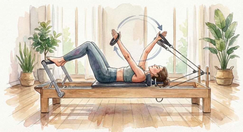 【体験レポ】ララメロウピラティスの口コミは本当?3つの魅力とリアルな変化 ループを持って、腕を大きくぐるぐる回す動き