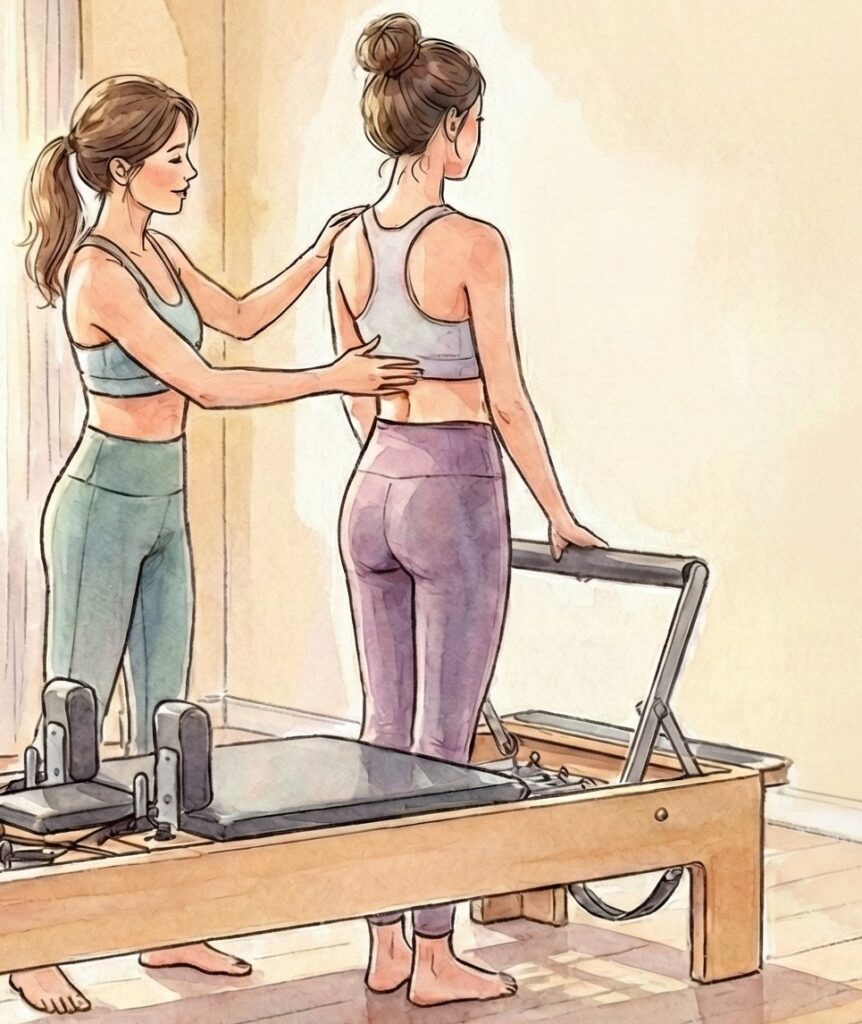 【体験レポ】ララメロウピラティスの口コミは本当?3つの魅力とリアルな変化 インストラクターと一緒に姿勢チェックをしている女性