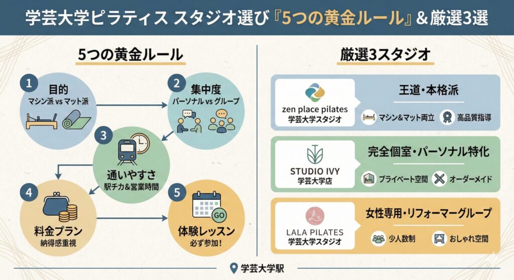 学芸大学のピラティスおすすめ9選|選び方のコツと料金相場、失敗しない比較ポイント 学芸大学でのスタジオ選び「5つの黄金ルール」