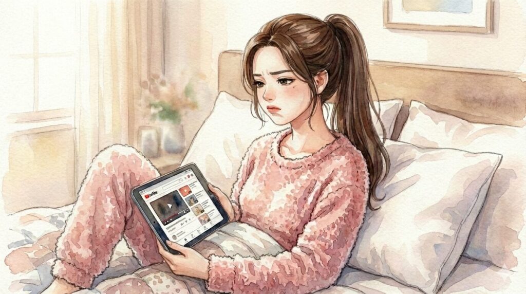 【週1でも変わった】マシンピラティスの変化|姿勢・お腹・疲れやすさが“じわじわ上向く”体験記 だらだらとベッドに寝転がってタブレットでYouTube観ているところ