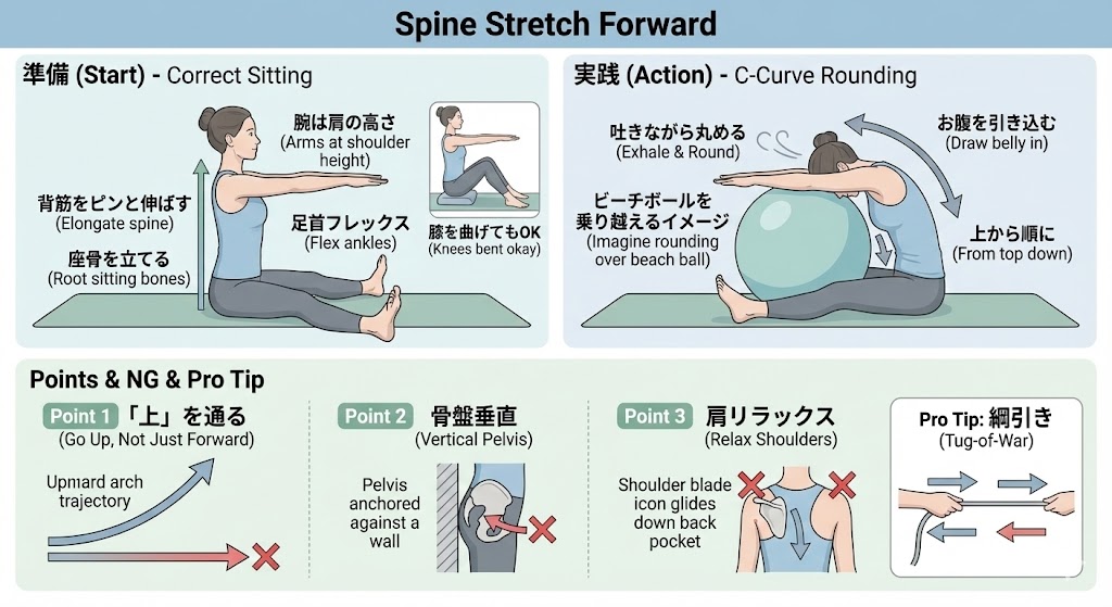 スパインストレッチフォワードのやり方の図解イラスト