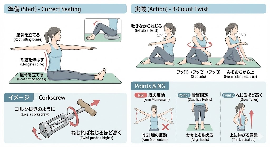 スパインツイストのやり方の図解イラスト