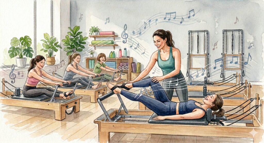 ピラティスKの口コミは本当?無料体験の流れ・料金・リアルな感想まとめ 音楽に合わせて楽しくマシンピラティスのグループレッスンイメージ