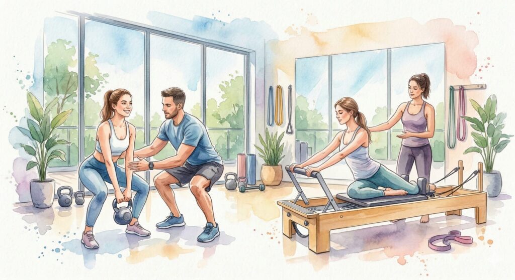 三軒茶屋のマシンピラティスおすすめ9選|目的別で“本当に合う”スタジオを選ぶ方法。料金・体験・駅近を徹底比較 マシンピラティスと筋トレをしている女性