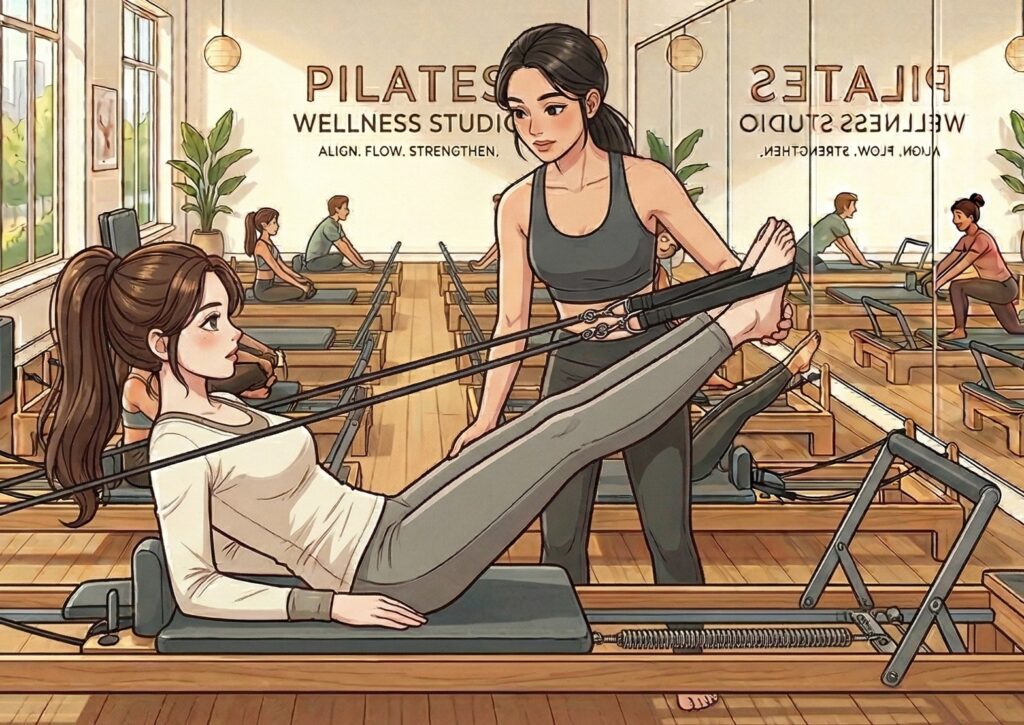 リフォーマーでレッスンを受けているところ