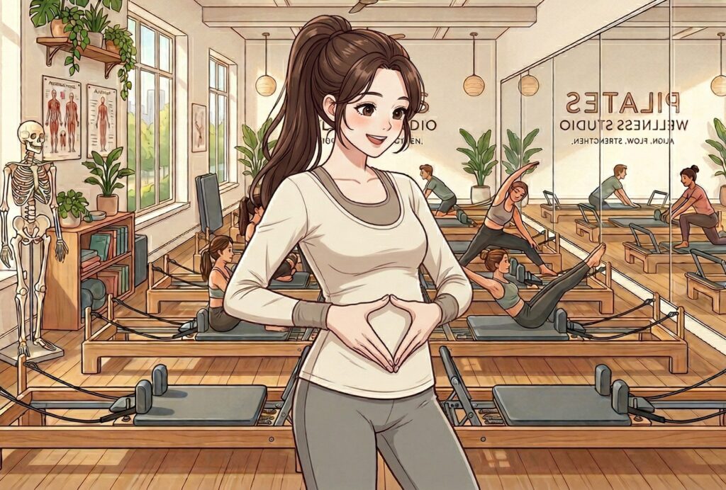 リフォーマーの横に立って、骨盤チェックしているところ。手で三角つくって骨盤に当てているところ