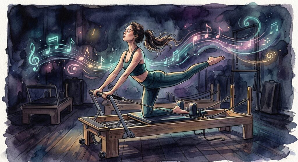 BEAT PILATES(ビートピラティス)中野坂上店を本音レビュー|暗闇マシンピラティスの効果・料金 暗闇の中で音楽にのりながらマシンピラティスのレッスンに没入している女性