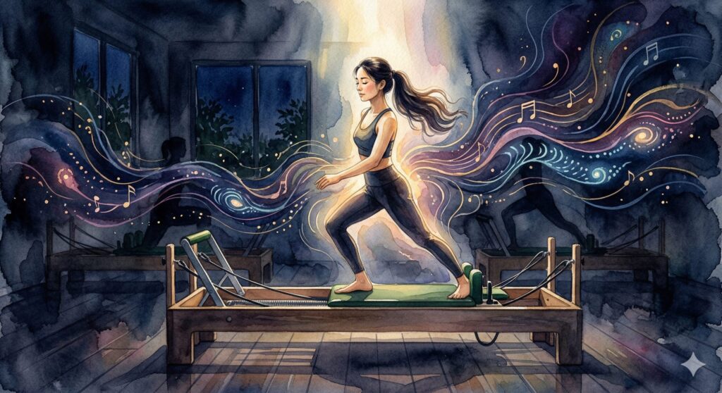 BEAT PILATES(ビートピラティス)中野坂上店を本音レビュー|暗闇マシンピラティスの効果・料金 暗闇の中で音楽にのりながらマシンピラティスのレッスン中、“自分の体とだけ向き合ってる感覚”が強くなる様子