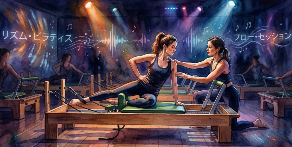 BEAT PILATES(ビートピラティス)中野坂上店を本音レビュー|暗闇マシンピラティスの効果・料金 暗闇の中で音楽にのりながらマシンピラティスのレッスンをしている様子