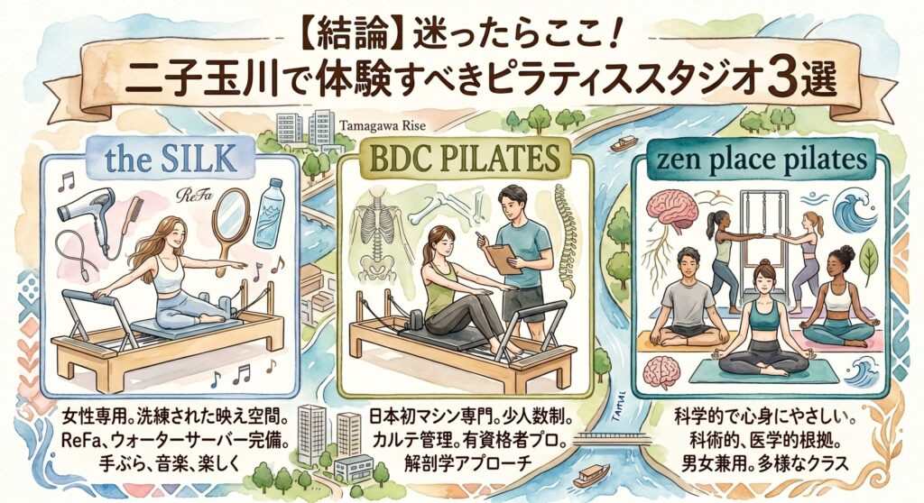 【2026年最新】二子玉川のマシンピラティススタジオおすすめ7選|目的別の選び方も徹底ガイド 【結論】迷ったらここ!二子玉川で体験すべきピラティススタジオ3選