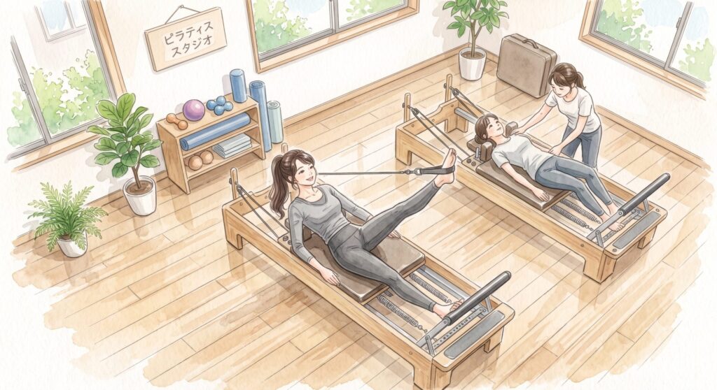リフォーマーで脚を鍛えているAyana