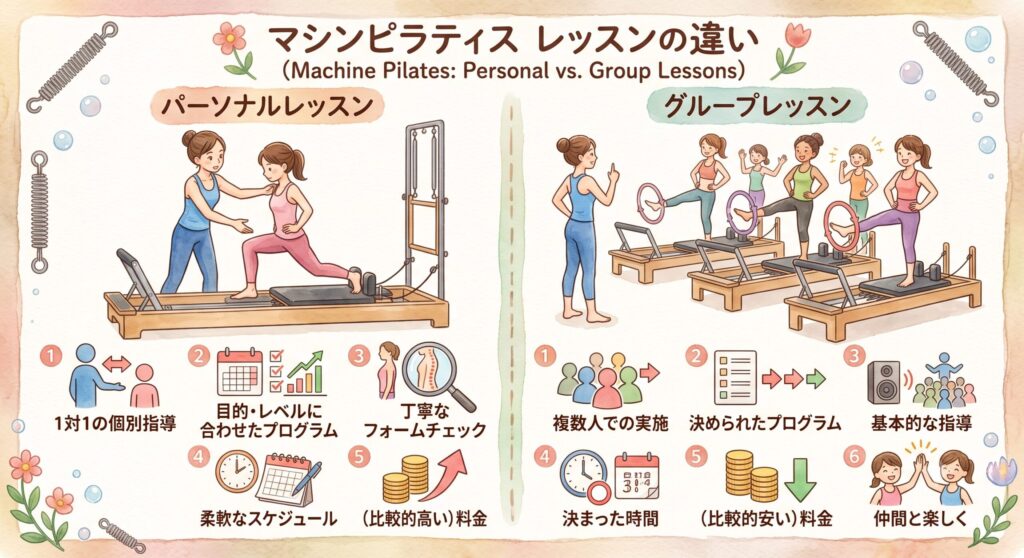 マシンピラティスのパーソナルレッスンとグループレッスンの違いを分かりやすく解説